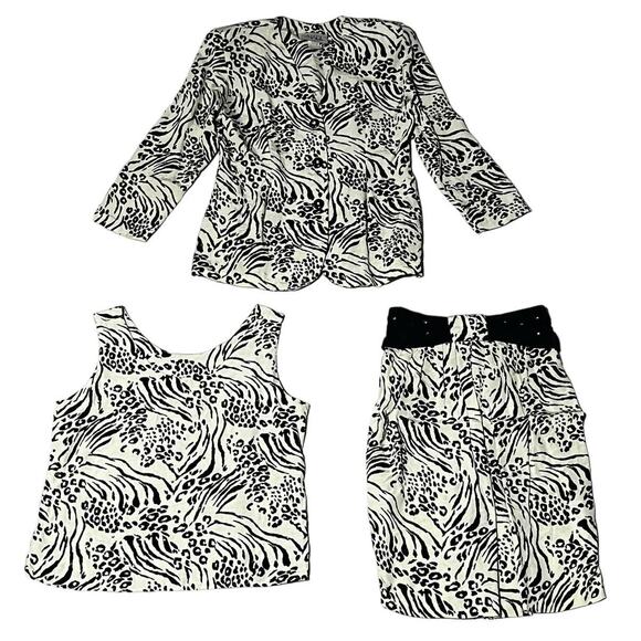 Vintage 80s 3-Piece Animal Print Suit Set Black White Zebra Leopard Small USA - Picture 9 of 16